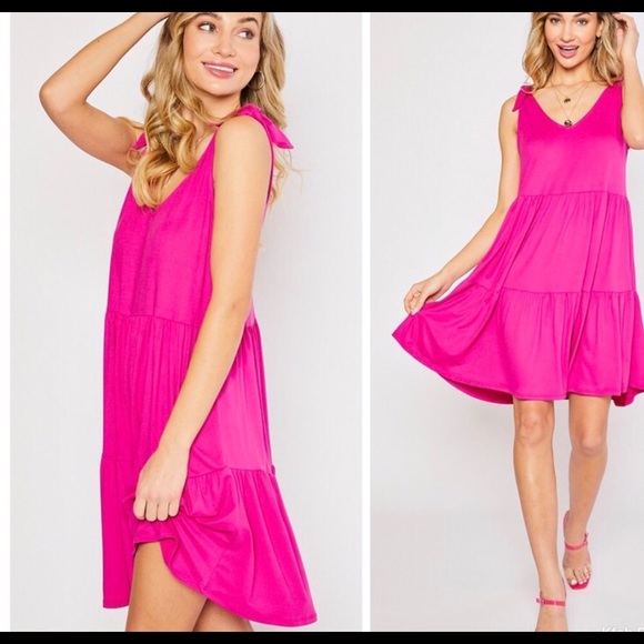Sale ! Fuchsia Tired Ruffle Vneck Bow Detail Dress - Picture 2 of 7